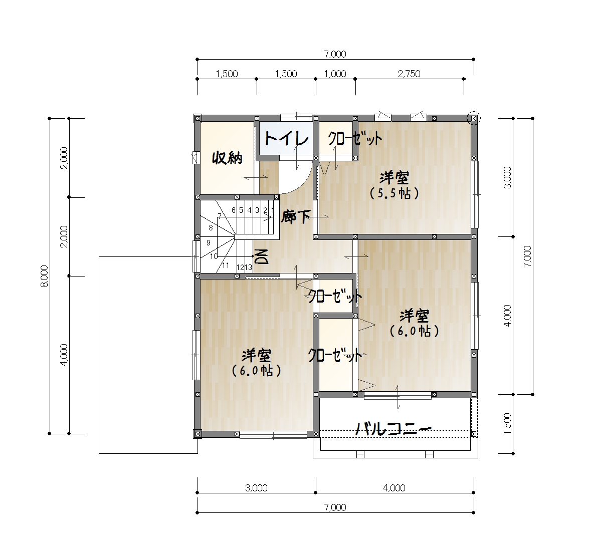 夏目ヶ市建売2F平面図(※実際の建物と異なる場合があります。)